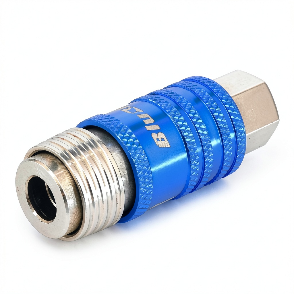 RMX universal hose fitting connected to various air tools in a workshop